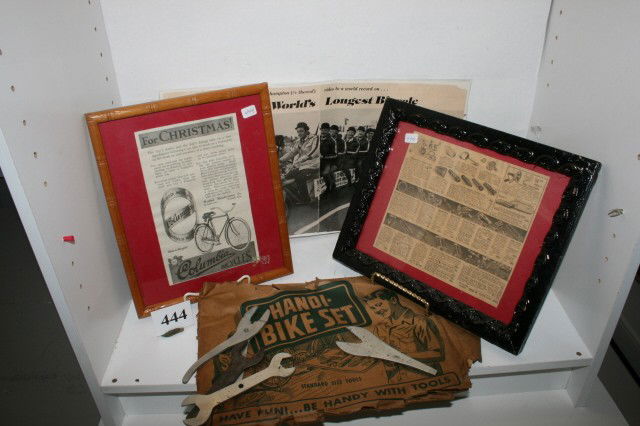 2 Framed Items: 2 Framed Items: Columbia Bicycle Paper Ad & 1940 Sears Bicycle Paper Ad & Worlds Longest Bicycle & Handi Bike Tool Kit