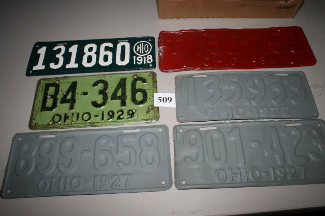 Old Ohio License Plates: Old Ohio License Plates – 1918 (repainted) 1929 (original worn paint) 1922, (2) 1927 – 1934 (need to be repainted)