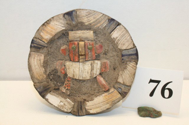 Mayan Shell and Coral Earspool: 3 ½" x 2 ¾" Mayan Shell and Coral Inlaid Wooden Earspool