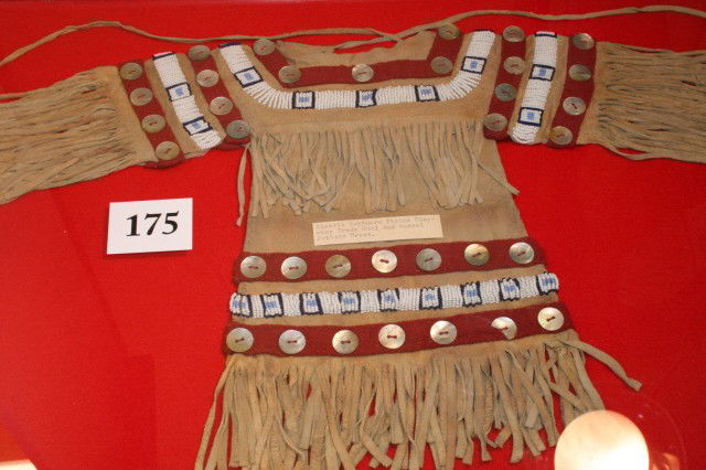 Plains Childs Dress: 20" x 13" Plains Childs Dress – Beaded Abalone Shell Trade Cloth Decoration – attractively framed