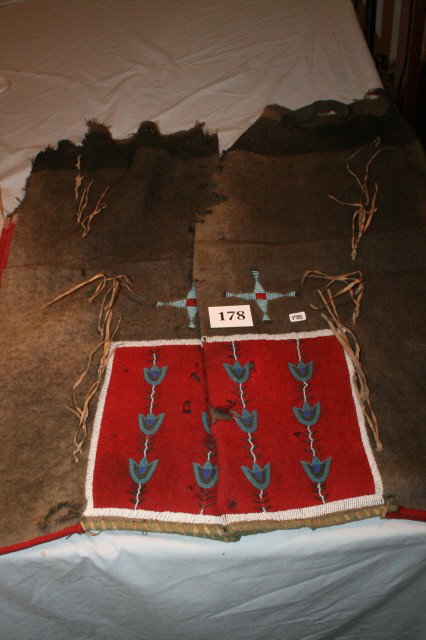 Trade Cloth /Beaded Crow Leggings: Trade Cloth and Beaded Crow Leggings – leather fringe, moth damage with tears – 30