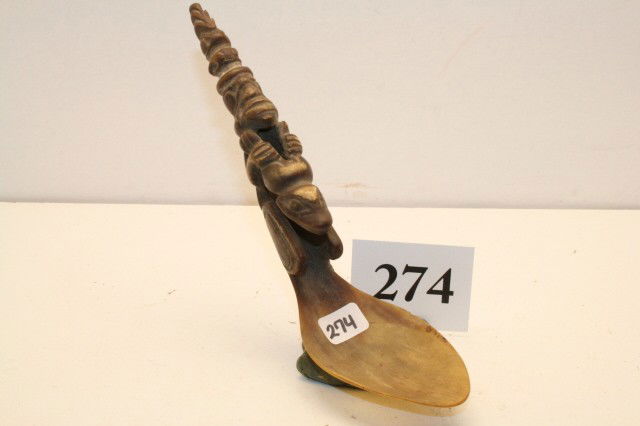 Athabasca Horn Spoon: Sale Highlight! 8" Hand Carved N.W. Coast Athabasca Horn Spoon "Man Holding Frog" with water serpent, no damage, excellent example, patina, circa 1860's – Fine!