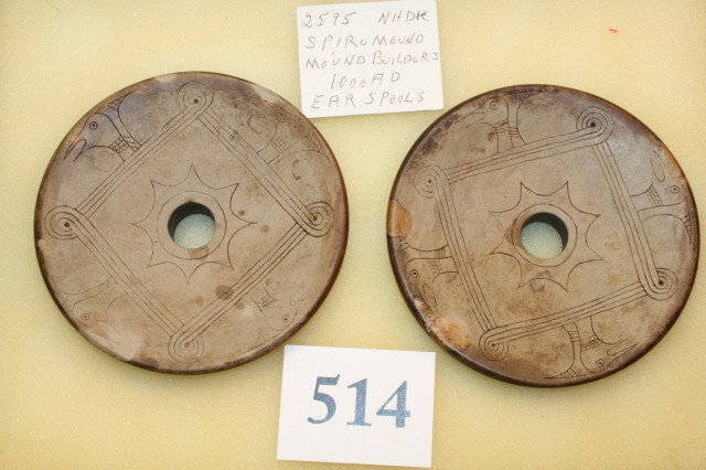 Pair Ear Spools: Pair of Mudstone Highly Decorated Ear Spools – Spiro Mound Site, Ex. Johnson and Helm Coll.'s – 4" x 1"thick, Rare! One has two minor restorations to one corner Sale Highlight!
