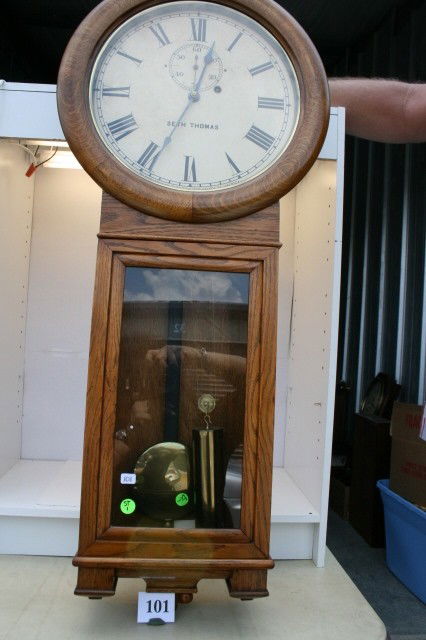 Regulator Oak Clock: Seth Thomas #2 1 weight Regulator Oak Clock – pendulum & key – 12" dial, 36" tall – replacement dial