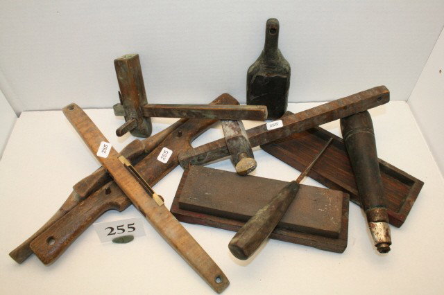 Old Wood Working Tools: Grouping of Old Wood Working Tools (Scribes and Drawknives, Sharpening stone)