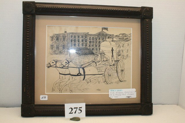 Ink Fireman Drawing: Ink Fireman Drawing in a Tramp Art Frame – circa 1900 – 13 ½" x 11 ½" frame