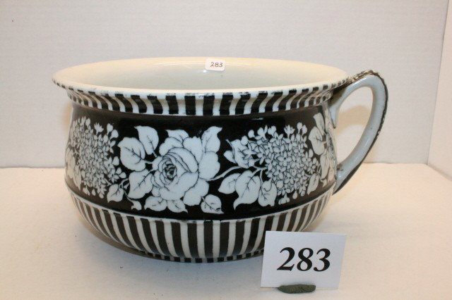 Chamber Pot: Black & White China Handled Chamber Pot – made in England – Winton – 9" x 5" tall