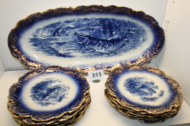 Fish Motif Platter with 12 Plates: Fish Motif Flo Blue Platter with 12 Matching Plates – minor crazing