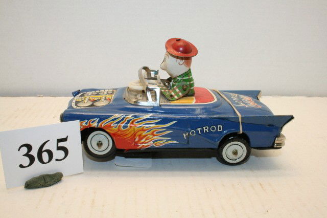 Hot Rod Bump and Go Guy in Car: Tin Friction Hot Rod Bump and Go Guy in Car – missing one headlight shield