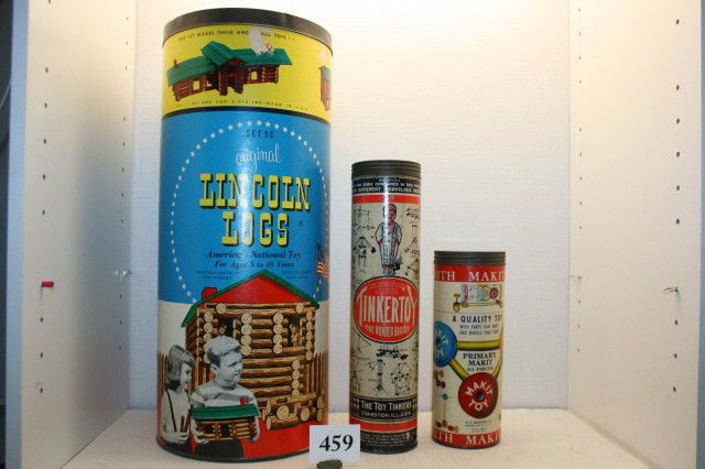 Set of Lincoln Logs: Set of Lincoln Logs, Make It Toy, & Tinker Toys – nice in original cans