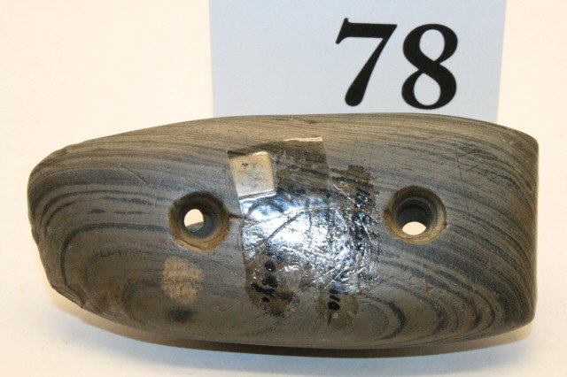 Slate Engraved Gorget: 3 1/16" Banded Slate Engraved Gorget – found 3 mile East of Mt. Victory, Hardin Co. Ohio