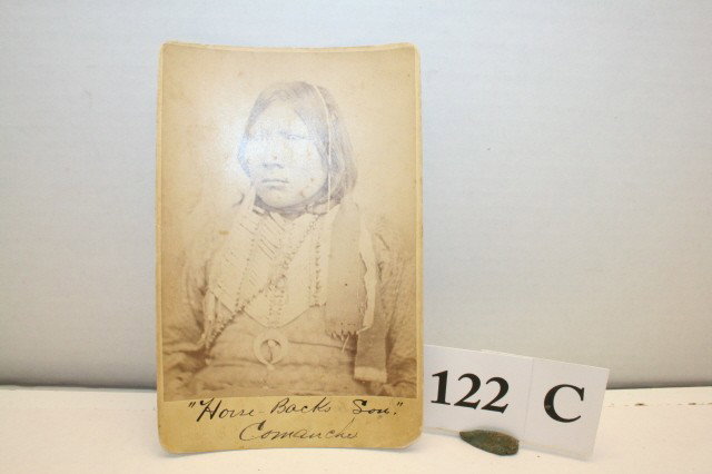 Studio Card Taken at Fort Sill: 4 ¼" x 6 ½" Studio Card Taken at Fort Sill by Famed Photographer W.S. Soule of "Horse Back Son" Comanche