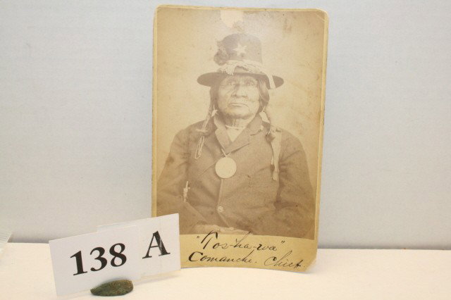 Studio Card taken at Fort Sill: 4 ¼" x 6 ½" Studio Card taken at Fort Sill by famed Photographer W.S. Soule of "Tos Ha Wa" Comanche Chief