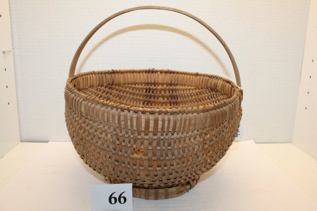 Handled Woven N.E. Indian Basket: 10 ½" x 10 ½" Circular Raised Handled Woven N.E. Indian Basket