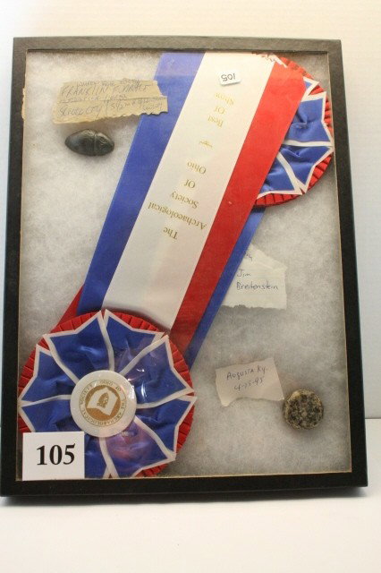 Miniature Bisquet Discoidal: 1 ¼" Miniature Bisquet Discoidal Augusta Co. Kentucky and 1 ¾" Groove Hematite Plummit – Scioto City Ohio – Both found by Jim Breitenstein and have Ohio Arch. Award Ribbons