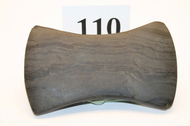 Undrilled Adena Bi-Concave Gorget: 3 15/16" Banded Slate Undrilled Adena Bi-Concave Gorget – Nice