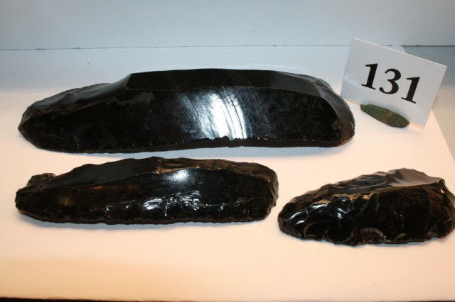 3 Nice Obsidian Items: 3 Nice Obsidian Items including 2 Knives and one Thumb Skinner – largest 7 ¼"