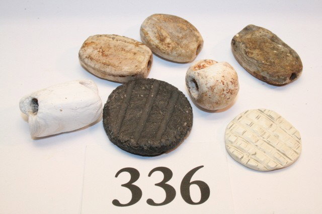 7 Items: 2 Conch Shell Beads: Group of 7 Items: 2 Conch Shell Beads, Alabama, 3 Mother of Pearl Beads, Alaska, One Shell Gaming Disc, Ill. And One Gaming Disc, Hohokam Arizona