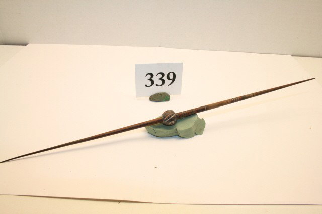 Pre Columbian Painted Wood Spindle: 12 ¼" Pre Columbian Painted Wood Spindle with polychrome ceramic whorl, Chimu Culture, Coastal Desert Area Ariquipa, Peru