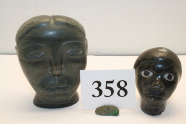 2 Soapstone Carvings of Eskimo Heads: 2 Soapstone Carvings of Eskimo Heads, largest 2 ½