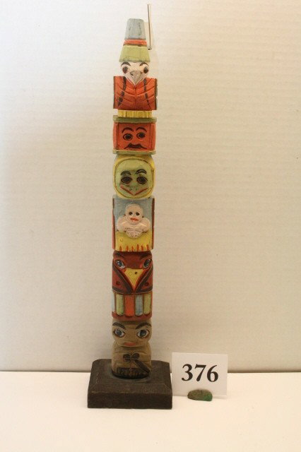 Wood Carved Tourist Totem Pole: 13" Wood Carved Tourist Totem Pole – circa 1930's