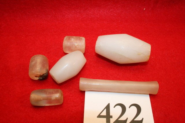 5 Rock Crystal Beads: 5 Rock Crystal Beads, Tairona Culture, Columbia, one is flared ends of white chalcedony, very rare – largest 2 3/8