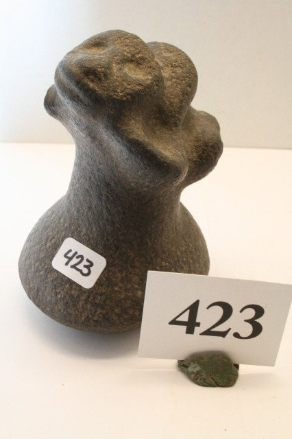 Zoomorphic Pestle: 4 ¼" Pre Columbian Zoomorphic Pestle, Frog Effigy, Basalt Taino Culture, found by Piamon Santana, Dominican Republic Hispanola Islant, Greater Antilles, very rare! Old break on one arm