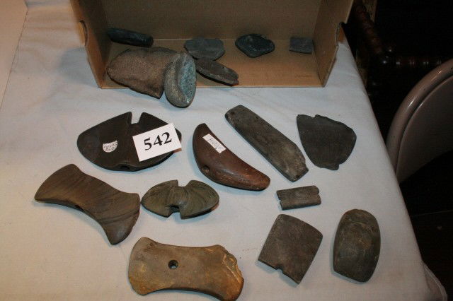 18 Assorted Broken Artifacts: Lot consisting of 18 Assorted Broken, unfinished and restored Ohio Slate Artifacts – several are bannerstones, largest 5 ¼