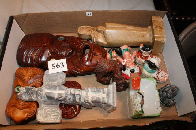 12 Indian Souvenir items: Box containing 12 assorted Indian related Souvenir item, Plaques, Statues, Salt & Pepper Shakers, Totem Pole