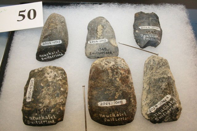 6 Neolithic Stone Celts: 6 x 8 Frame of 6 Neolithic Stone Celts, Neuchatel, Switzerland, all old labeled artifacts