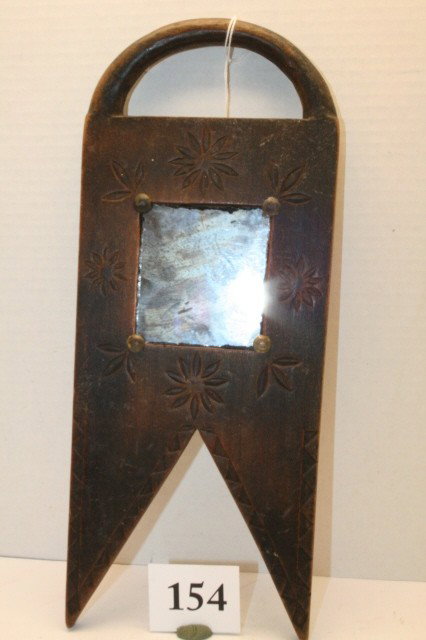 Hewed Wooden Dance Mirror: 13” x 5 ½” Rare hand Forged Hewed Wooden Dance Mirror, chip carving floral design, rounded handle, very nice
