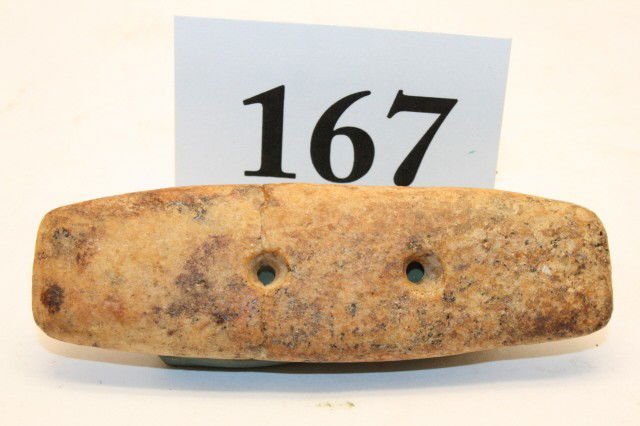 Bone Mississippian Gorget: 3 ¼” Fine Bone Mississippian Gorget – broken, glued at hole, Greenup Co. Kentucky – Hardin Village Site