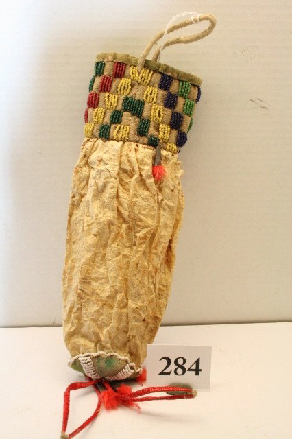 Cheyenne Beaded Bladder Bag: 10 ½” x 3 ½” Cheyenne Beaded Bladder Bag – Beaded Rosette, quilled drop bladder multiple moth holes