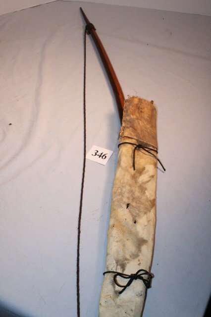 Hand Hewn Wood Bow: 48” Hand Hewn Wood Bow – rawhide quiver, 2 metal tipped arrows, original string