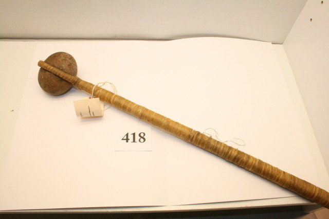 Stone Head War Club: 19” x 2 ½” Stone Head War Club – rawhide wrapped – Ex. Litchfield Collection