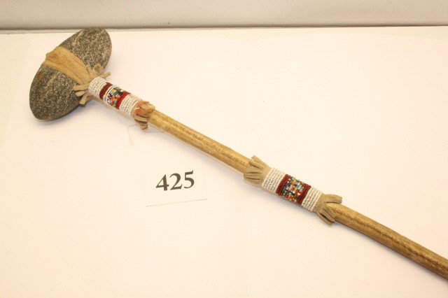 24” x 4” Stone Headed Club: 24” x 4” Stone Headed Club – nice beaded drop, bead wrapped rawhide laced – great color