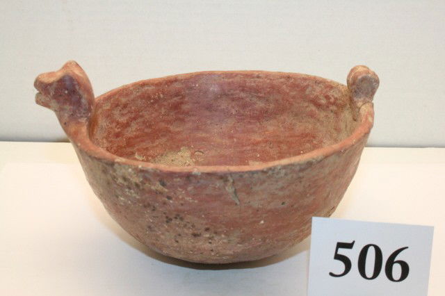 Quapaw Cat Serpent Redware Bowl: 6” Dia. Quapaw Cat Serpent Redware Bowl – found by Harvey McGhee, Arkansas Co. Ark.