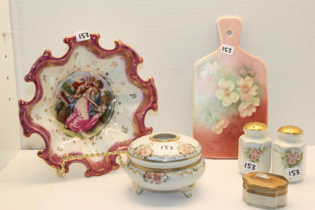 Hand Painted Portrait Plate: Hand Painted Portrait Plate (artist signed) & Nippon Hair Receiver & Hand Painted Hot Plate & Nippon Salt & Peppers & Nippon Covered Pin Tray