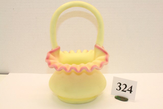 Fenton Burmese Satin Basket: Fenton Burmese Satin Basket – 8” marked – handled cracked