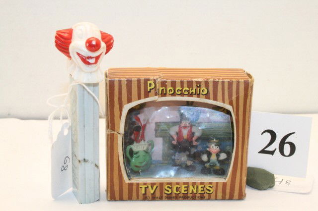 Bozo Pez Candy Container: Bozo Pez Candy Container – cracked sides, & Marx Pinocchio TV scene in original package (G – VG)