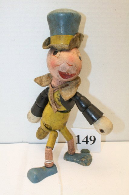 Composition & Wood Jimminy Cricket Fig.: 9” Composition & Wood Jimminy Cricket Fig. – needs cleaning – missing umbrella (EXC)