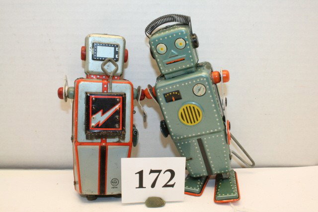 Linemar Walking Robot: Linemar 6” Wind up Walking Robot – working (Pristine) also included is same Robot – incomplete for parts or restoration – also working