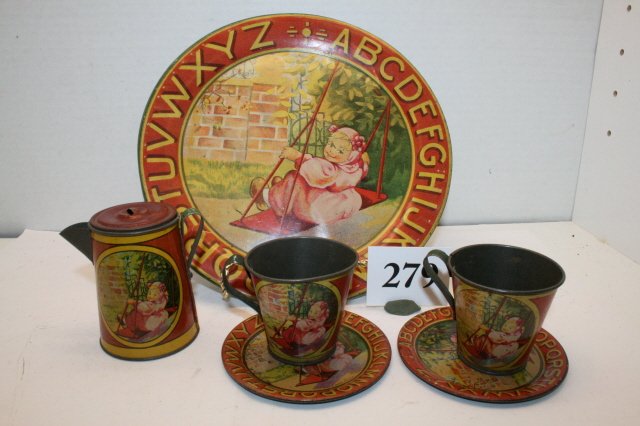 Childs Ohio Art Litho Set: Childs Ohio Art Litho Set – including 8 ½” Serving Tray, Coffee Pot, 2 cups & saucers – (Bryan, Ohio) nice original