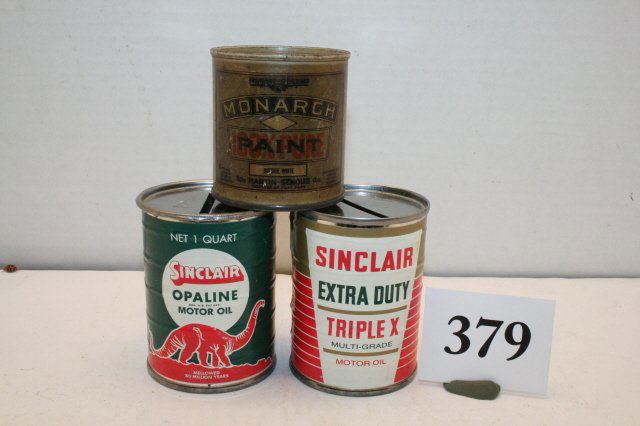 2 Sinclair Motor Oil Banks: 2 Sinclair Motor Oil Banks, 3” Tall, Monarch Paint Can Bank