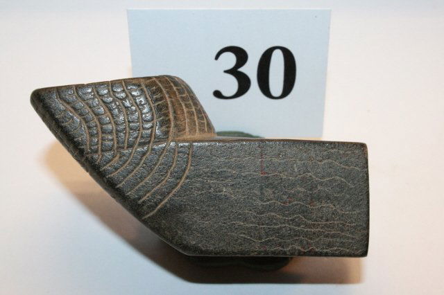 Steatite Square Sided Elbow Pipe: 3” Steatite Square Sided Elbow Pipe with finely engraved bowl including inside lip of bowl leafy plant design on front – nice