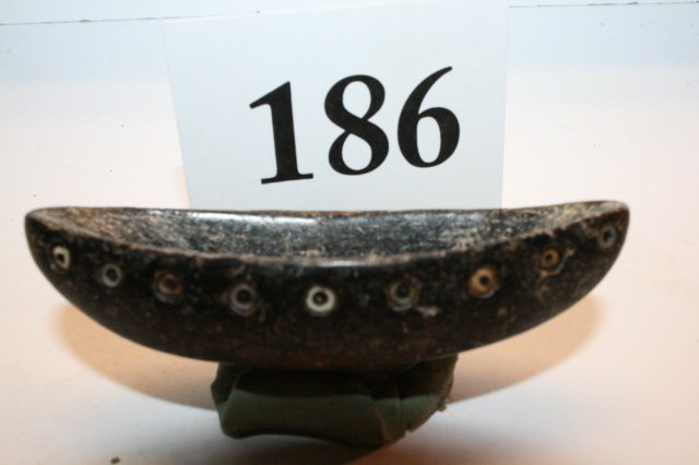 carved canoe shaped bowl: 3” Steatite with shell inlay carved canoe shaped bowl – Rare! – Chumash Artifact