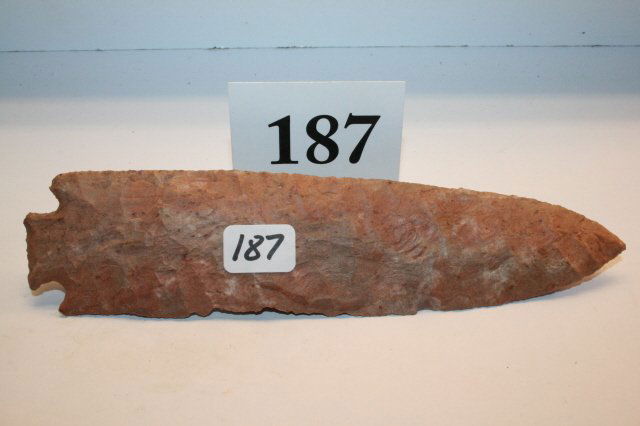 Corner Notch Point: 6 9/16” Benton Corner Notch Point – heat treated Buffalo River Chert, found by Steve Wilson, Hardin Co. Tenn., some plough dings to one side Dickey C.O.A.