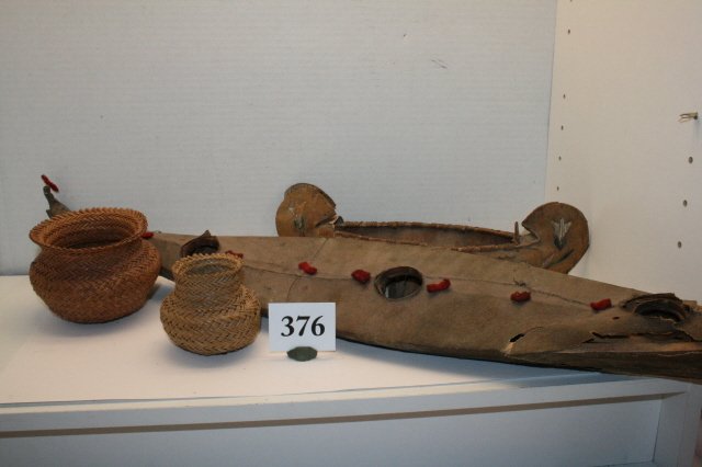 Hide Kayak Canoe: Lot of 4 Items: 28” Hide Kayak Canoe (badly damaged) small birchbark Iroquois Model Canoe, damaged, 2 small woven baskets