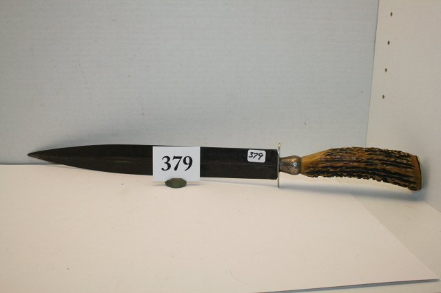 Bayonet Shaped Knife: 18” Stag Handled Bayonet Shaped Knife with silver fittings stamped Sterling Sheffield IXL, nice good patina Blood groove