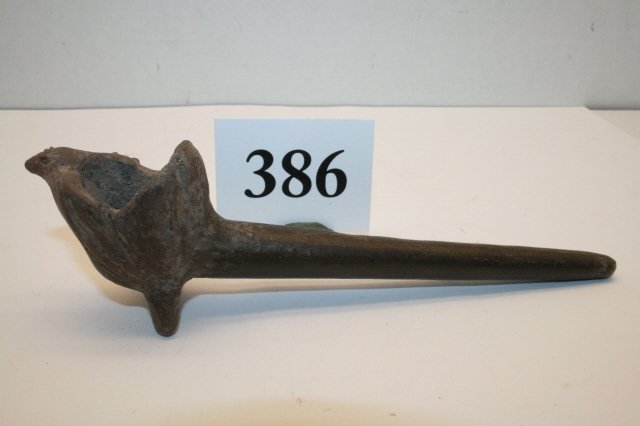 6 7/8” Pottery: 6 7/8” Pottery with unusual Wolf Head – walking chicken effigy pipe – nice!